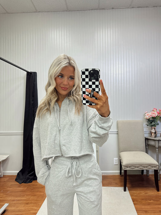 Lounge Around Cropped Zip Up - Heather Grey
