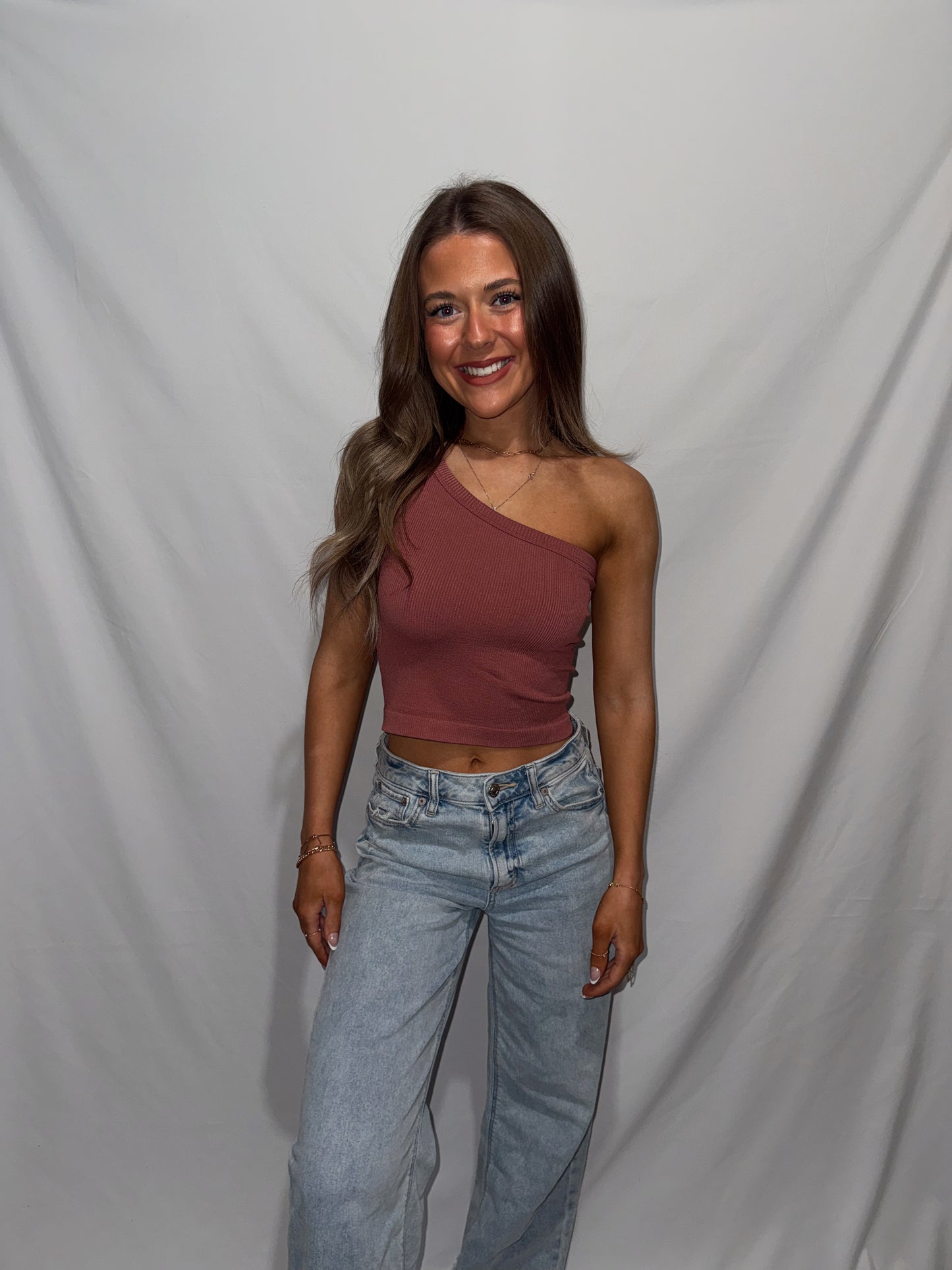 My Side One Shoulder Ribbed Top - Dusty Red