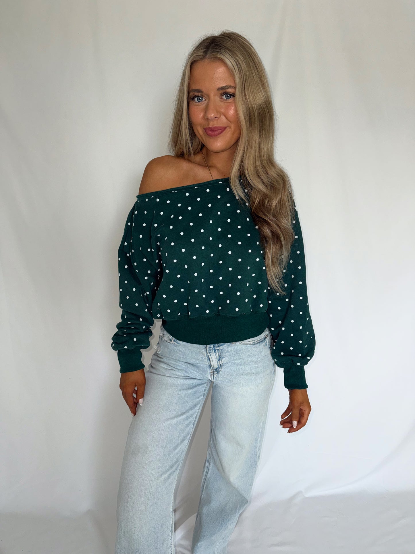 Elsie Polka Dot Off Shoulder Sweatshirt - Hunter Green