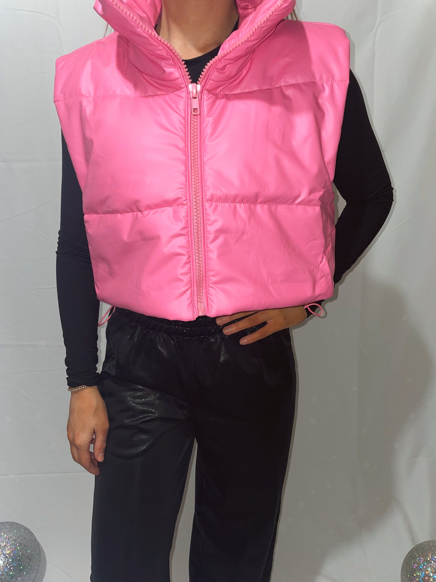 Gossip Girl Cropped Leather Puffer Vest - Fuschia