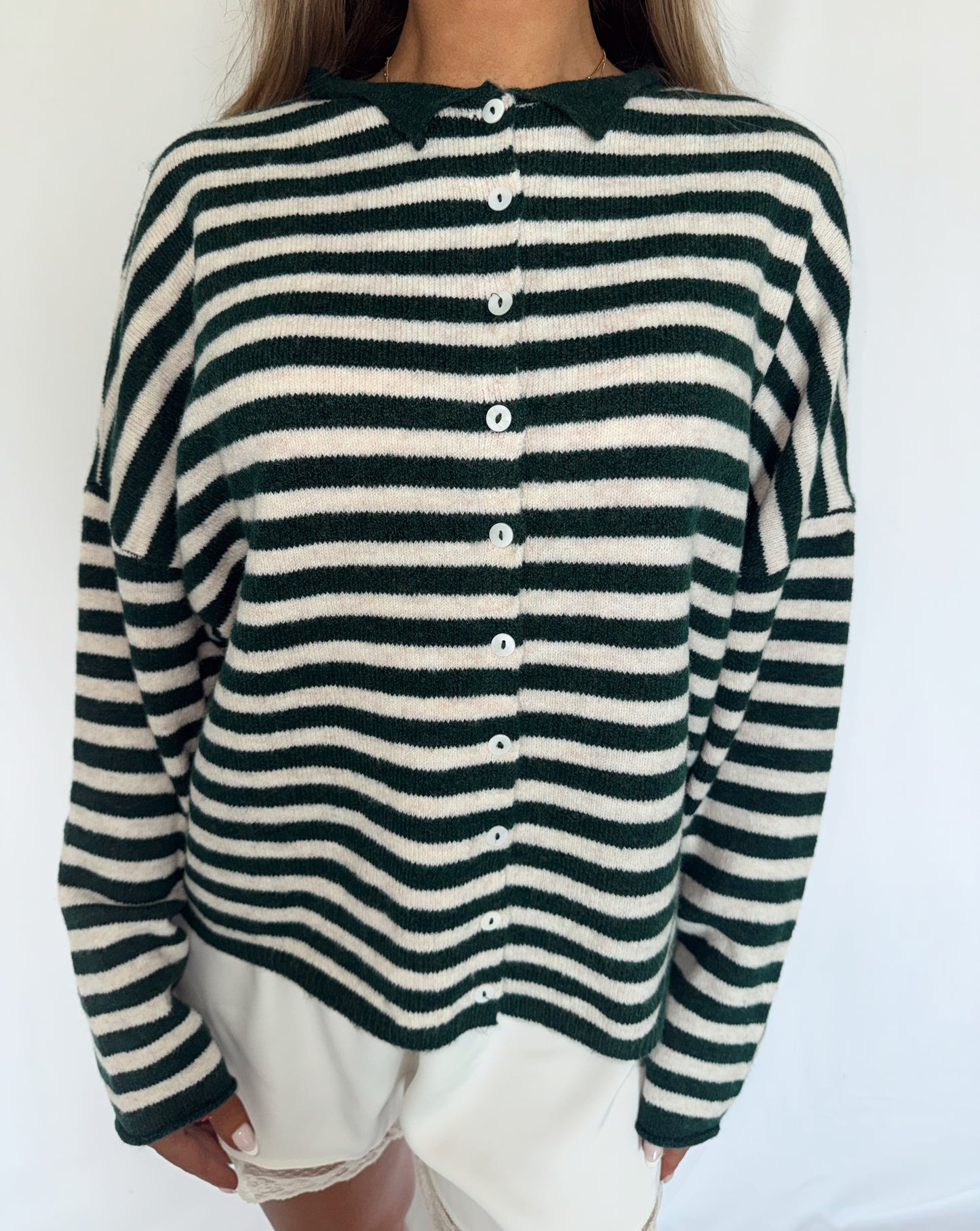 Romy Striped Cardigan Sweater - Hunter Green
