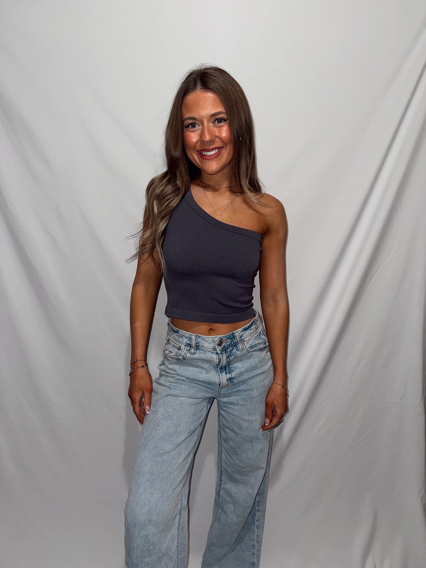 My Side One Shoulder Ribbed Top - Dark Grey