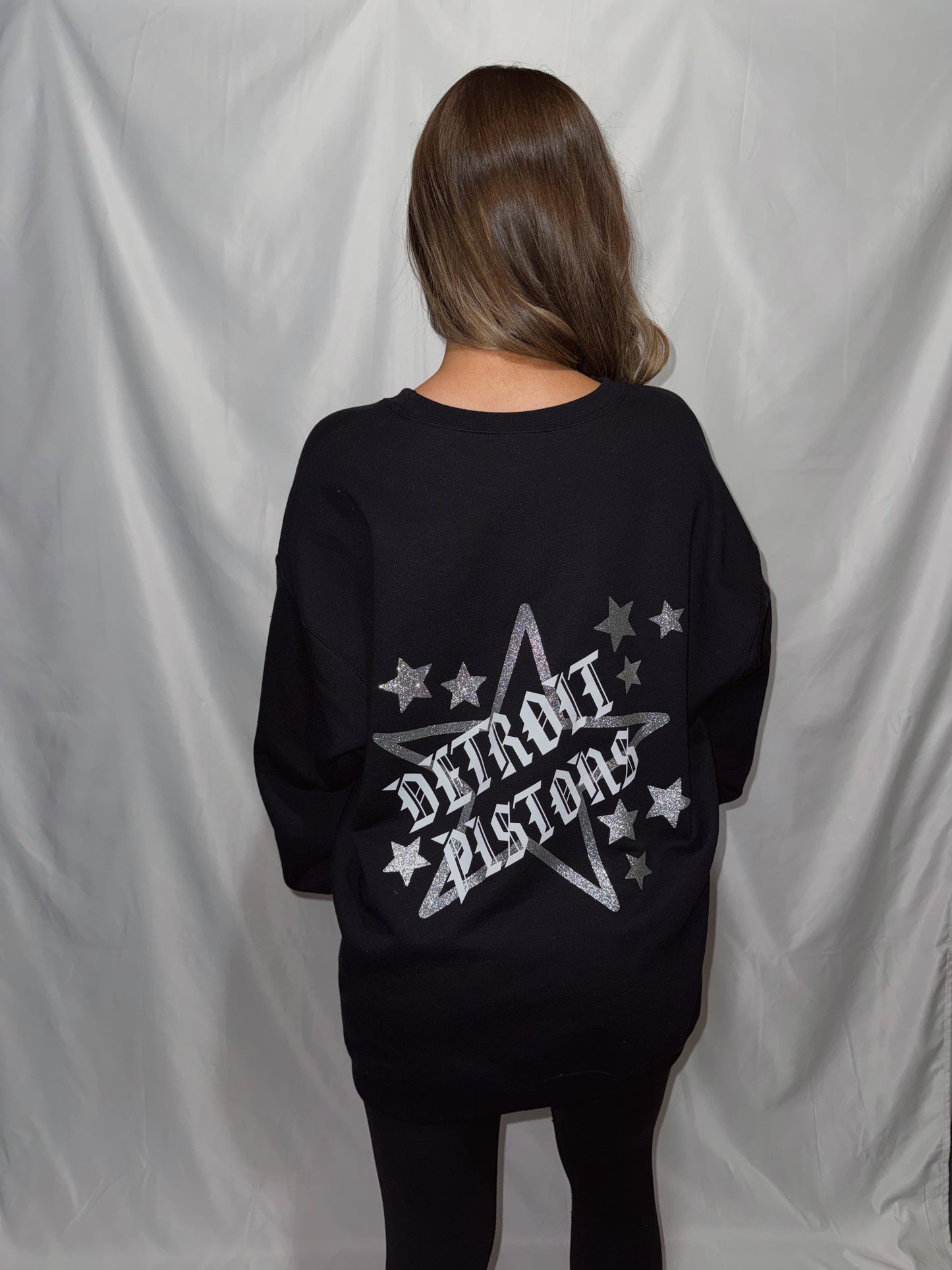Detroit Pistons Glitter Star Crewneck- Front & Back