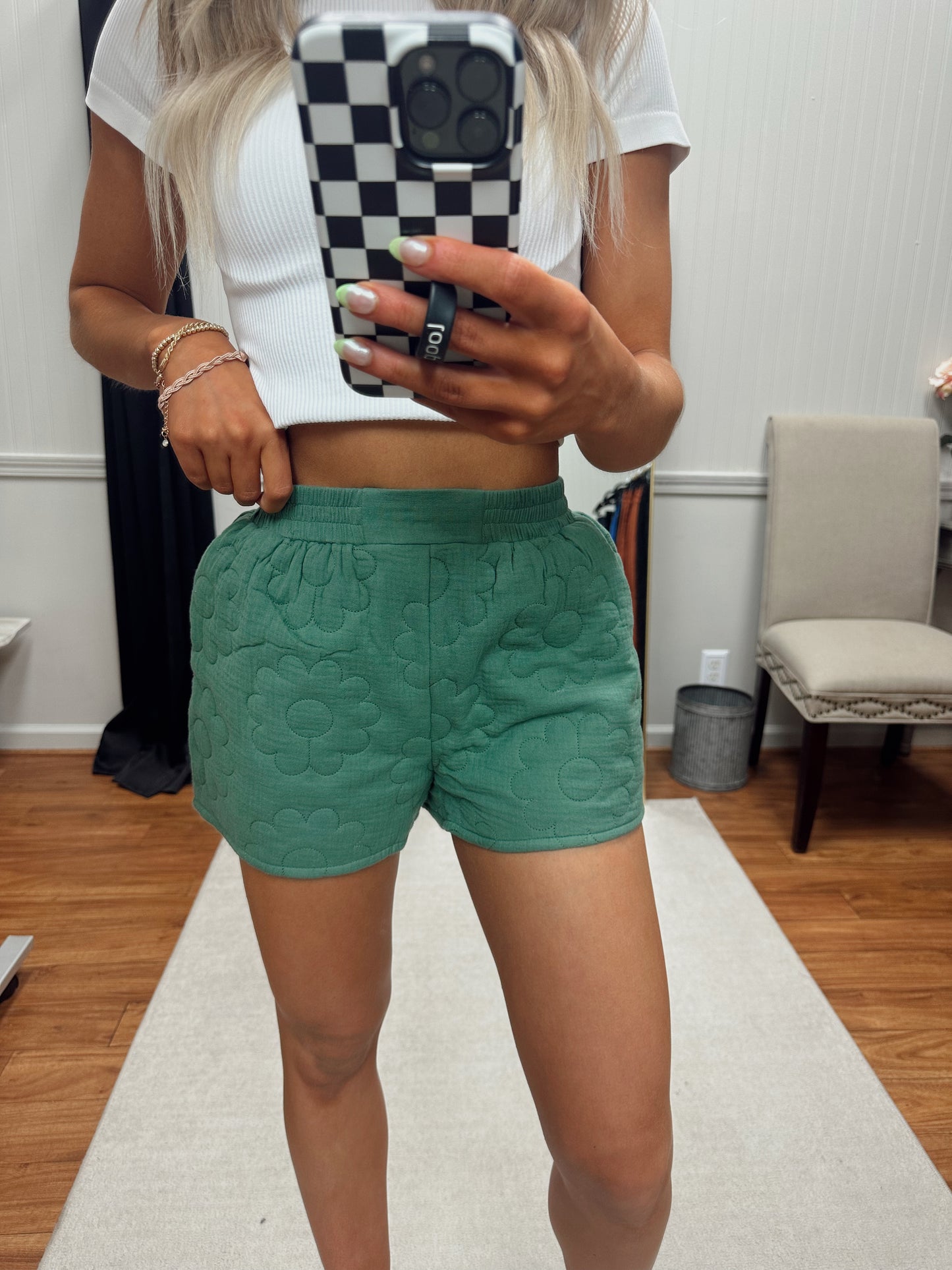 Emmy Quilted Floral Shorts - Dark Sage