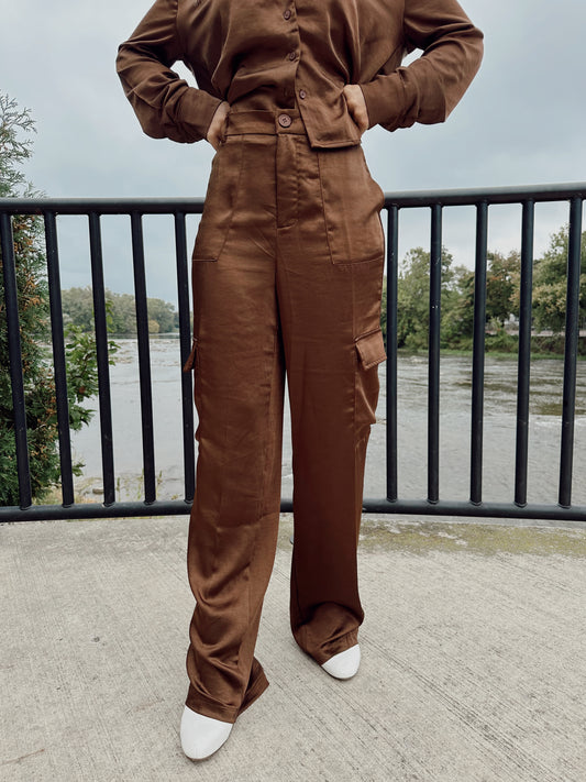 Meet Me There Satin Pants - Brown