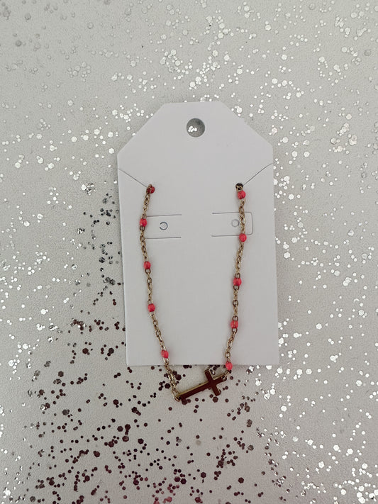 Pink & Gold Dainty Cross Bracelet