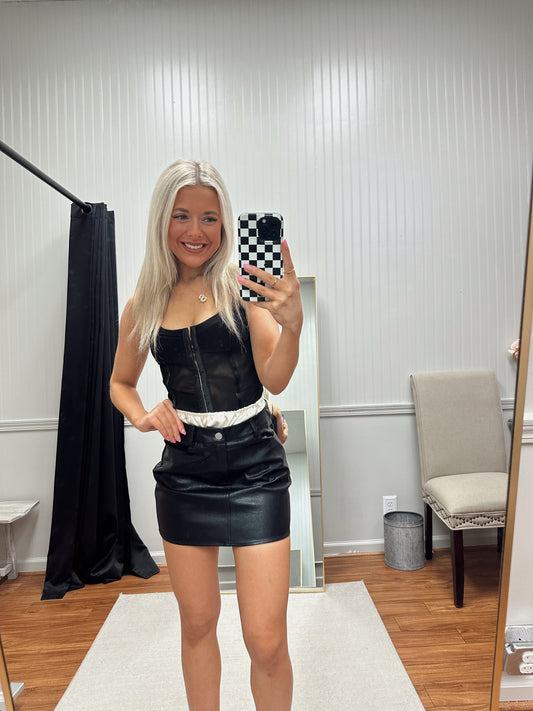 Kenn Satin Trim Leather Skirt