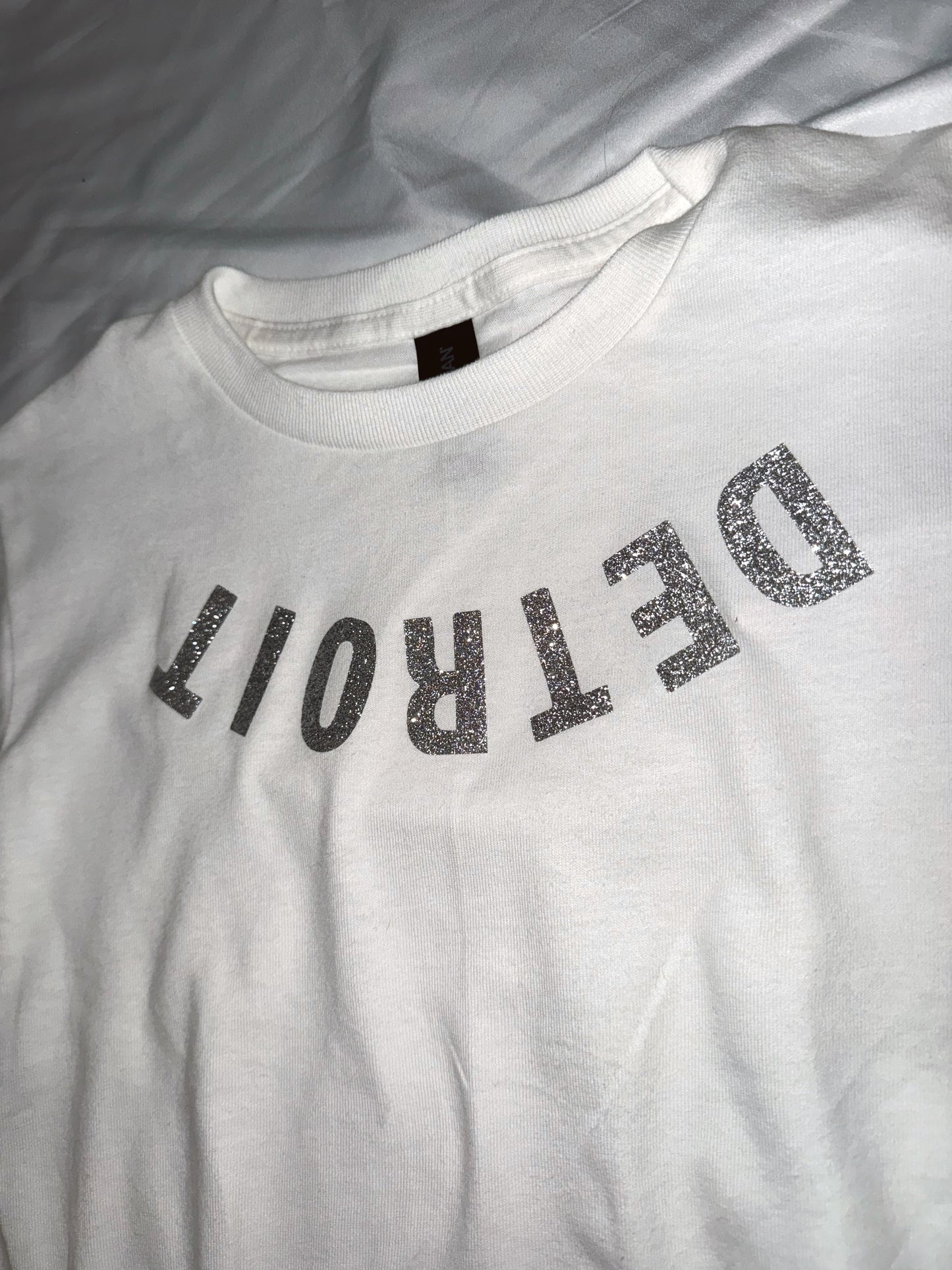 Upside Down Detroit Glitter Tee - White