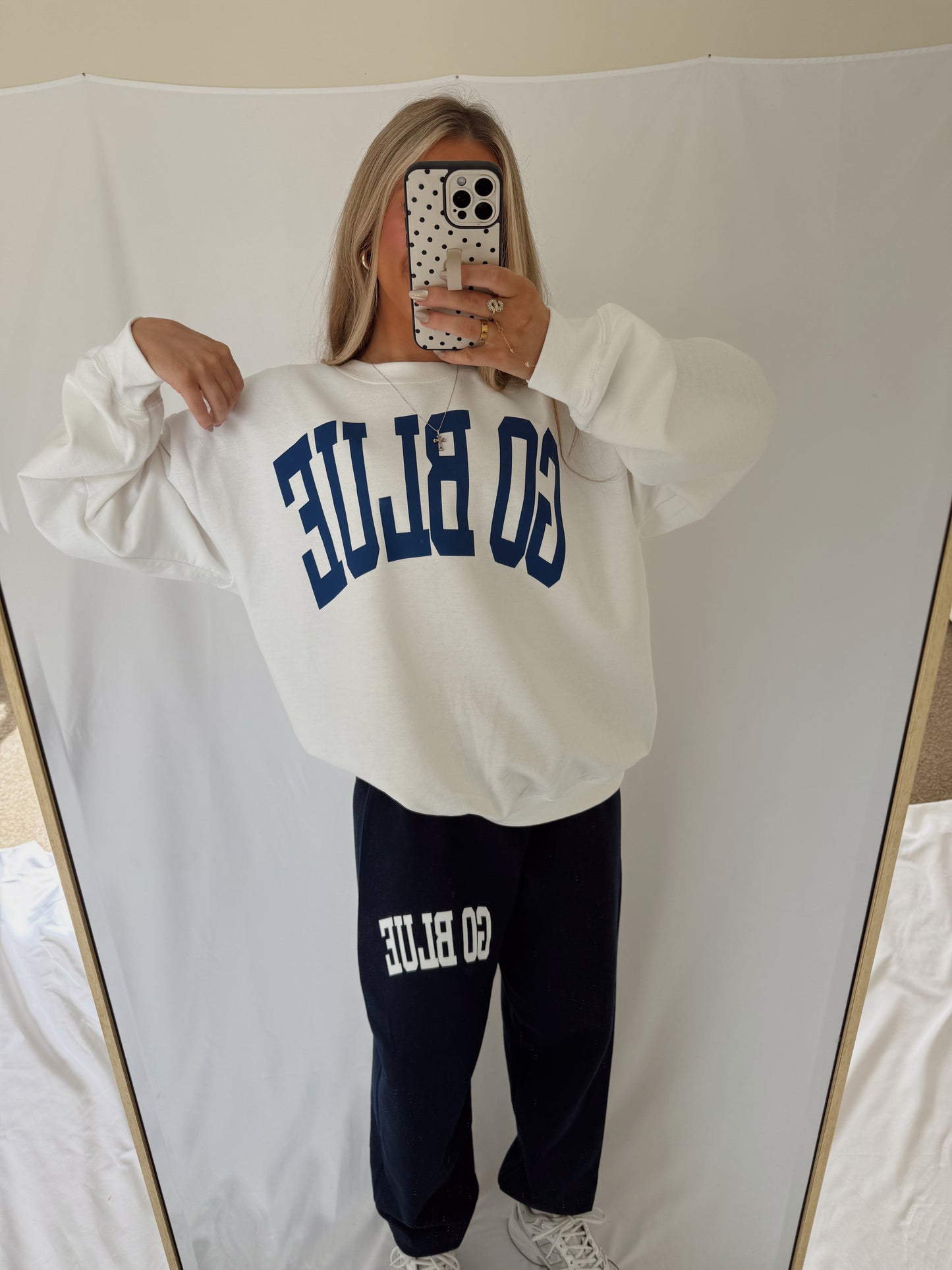 GO BLUE Arched Crewneck - White/Navy