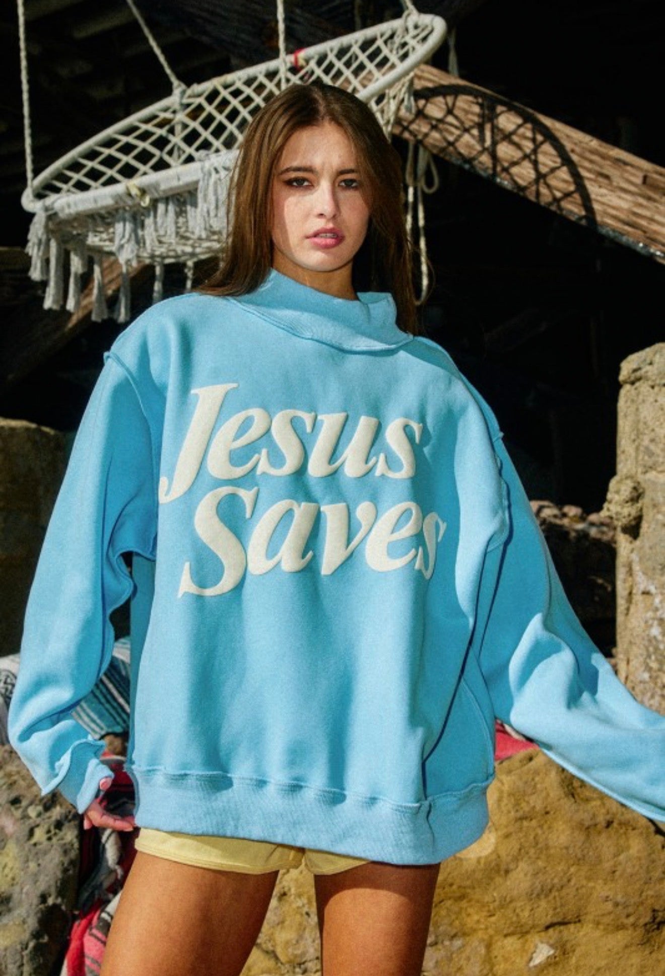 JESUS SAVES MOCK NECK SWEATSHIRT - BABY BLUE