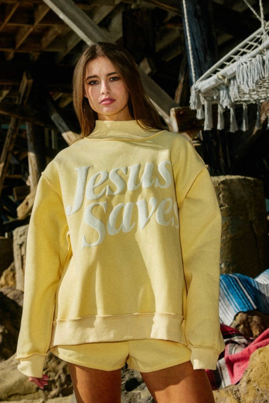 JESUS SAVES MOCK NECK SWEATSHIRT - YELLOW