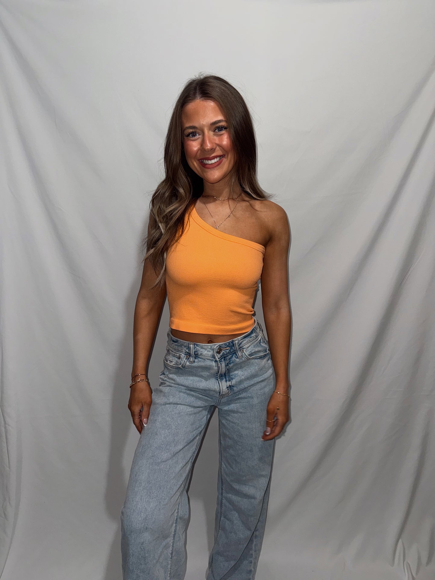 My Side One Shoulder Ribbed Top - Bright Orange