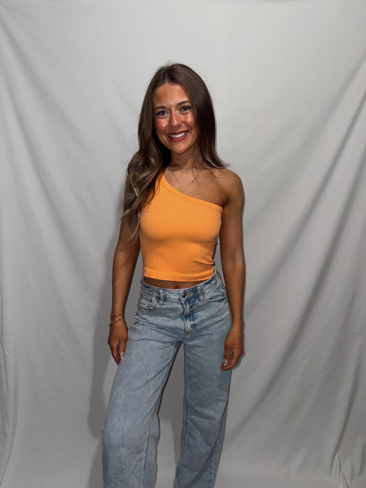 My Side One Shoulder Ribbed Top - Bright Orange