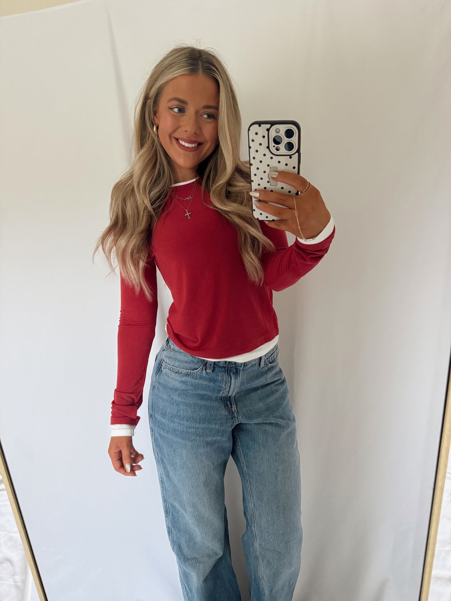 Double Layered Trim Long Sleeve - Red