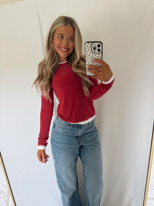 Double Layered Trim Long Sleeve - Red