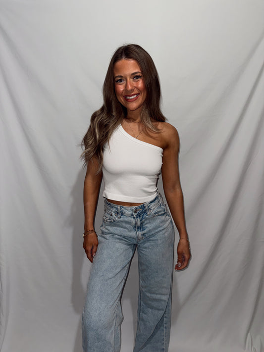 My Side One Shoulder Ribbed Top - White