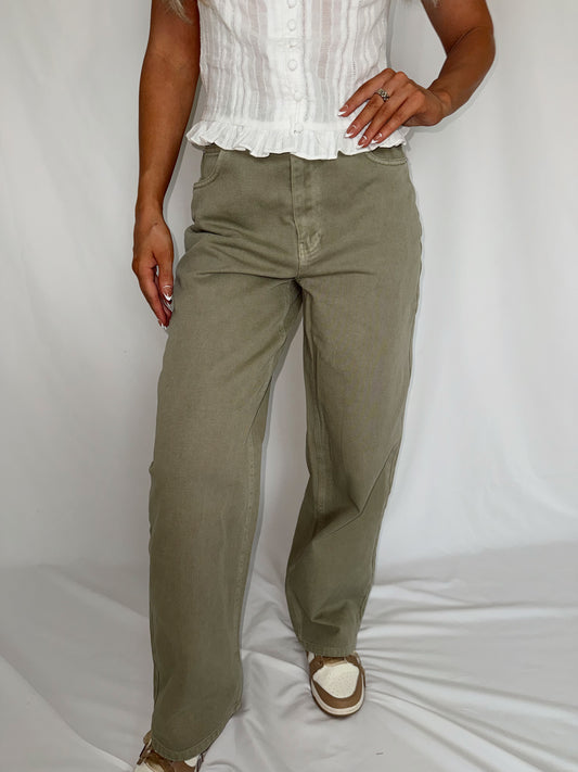Washed Light Olive Wide Leg Jeans