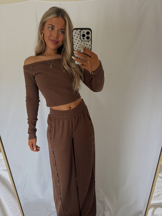 Coffee Date Off Shoulder Ribbed Long Sleeve