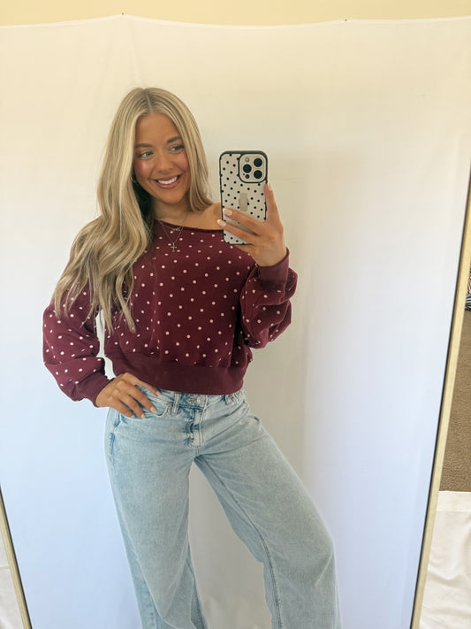 Elsie Polka Dot Off Shoulder Sweatshirt - Burgundy