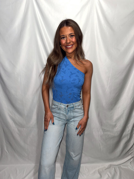 Lace Seamless One Shoulder Top - Cobalt Blue