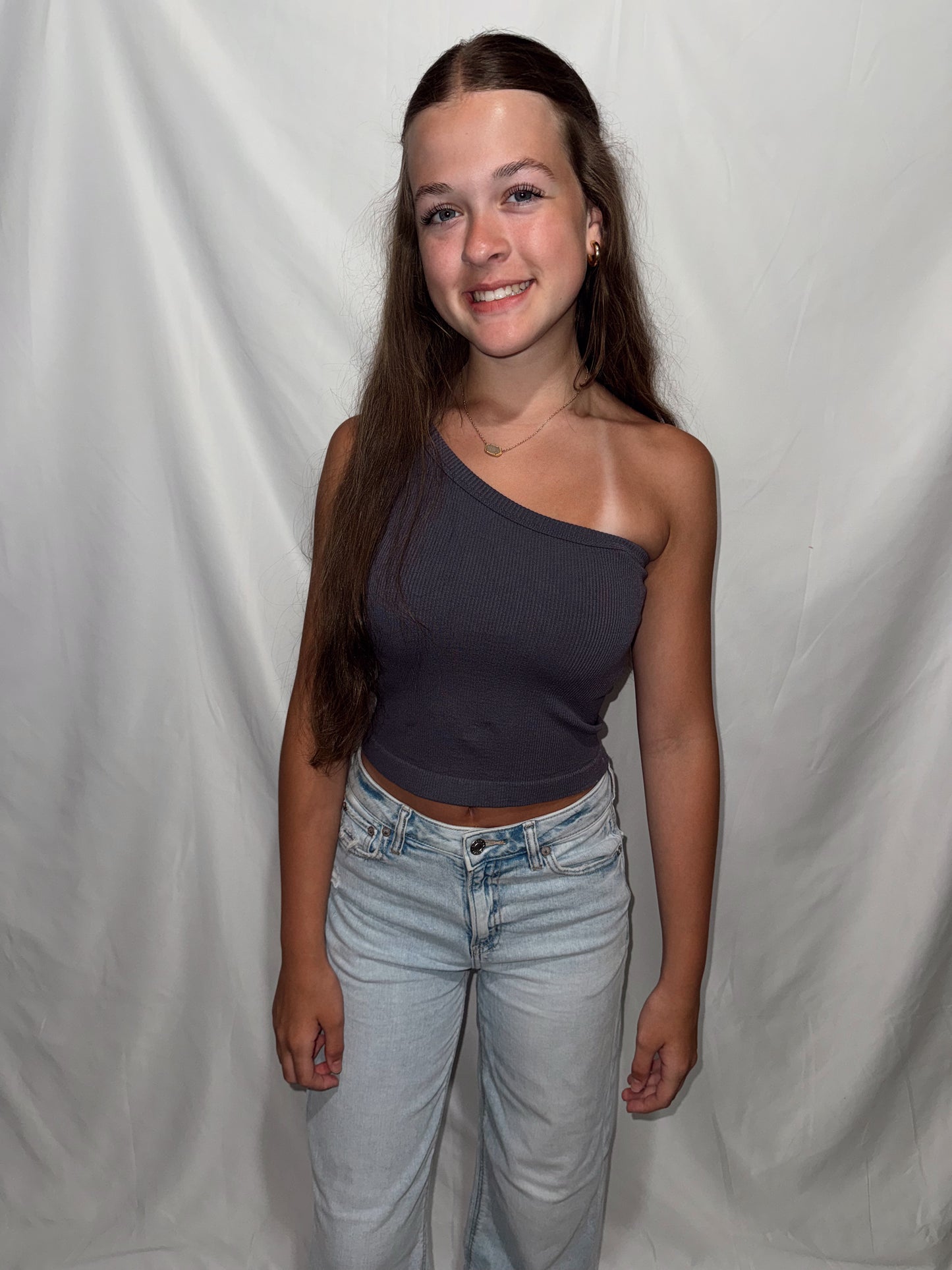 My Side One Shoulder Ribbed Top - Dark Grey