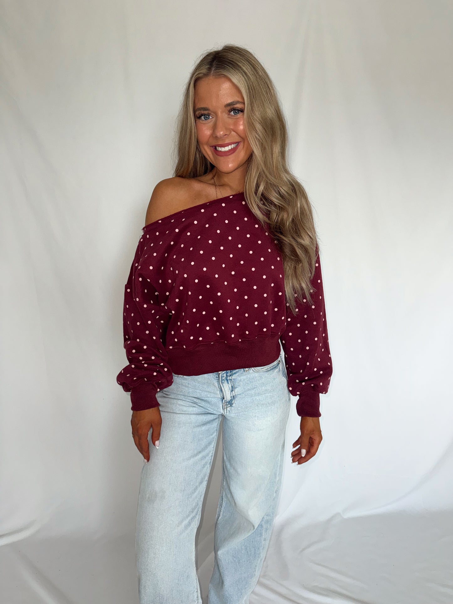 Elsie Polka Dot Off Shoulder Sweatshirt - Burgundy