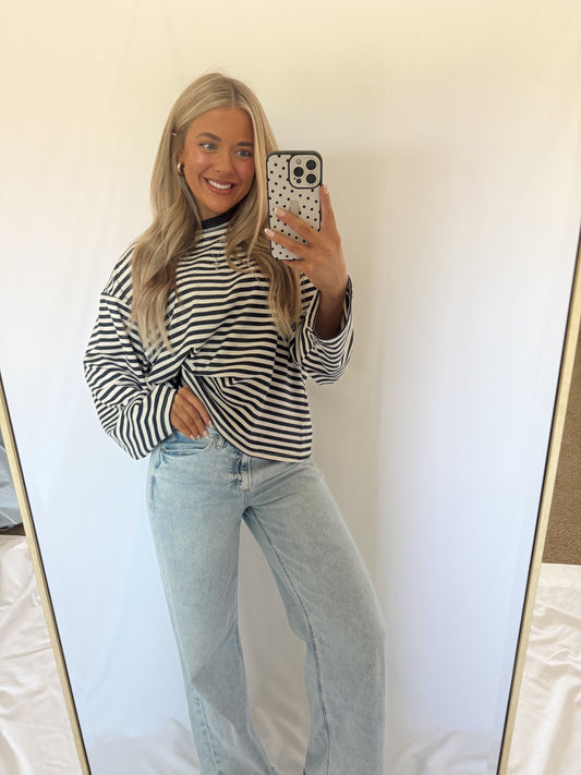 Camille Oversized Striped Top - Navy