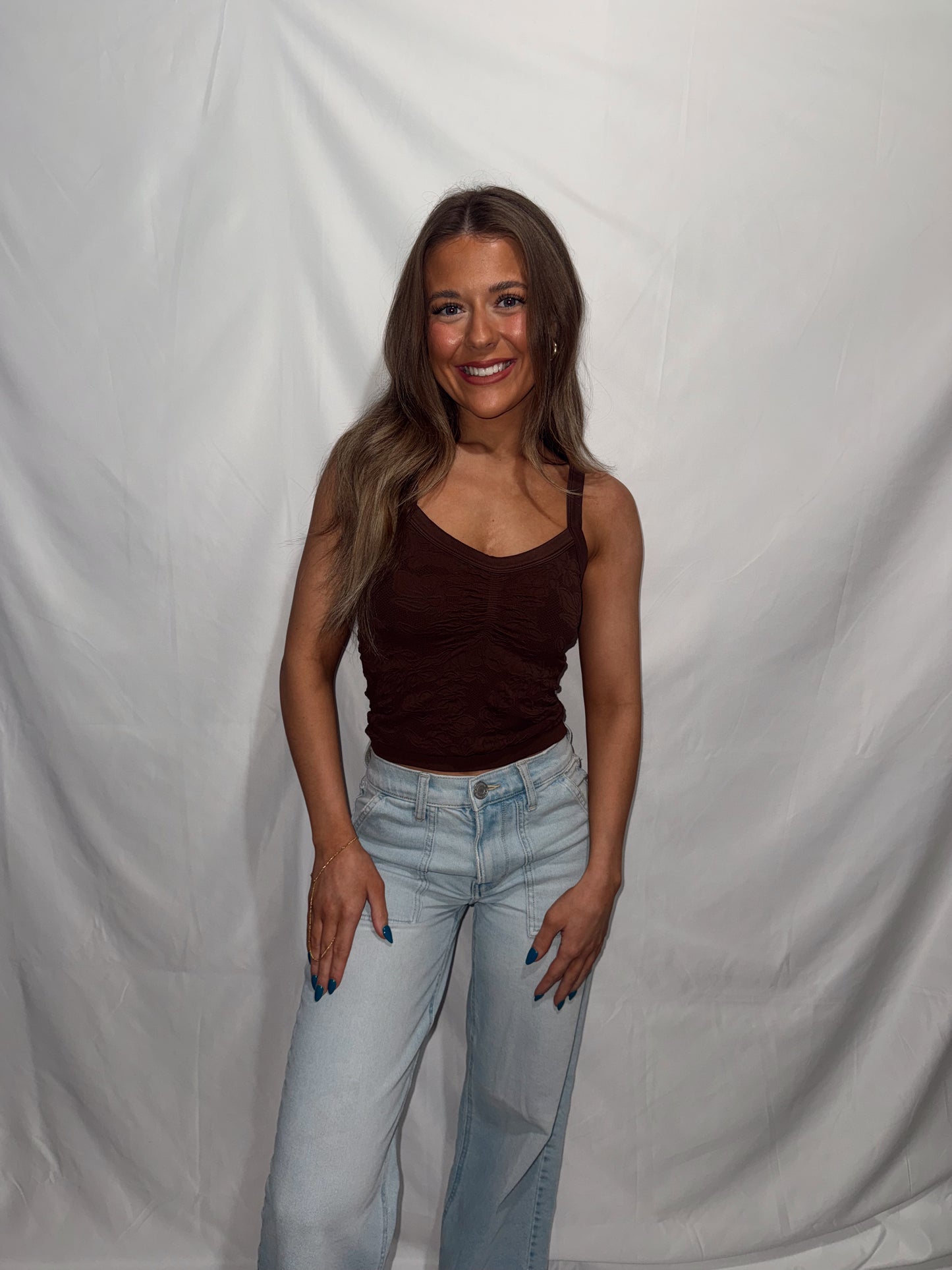 Lace Seamless V-Neck Top - Brown