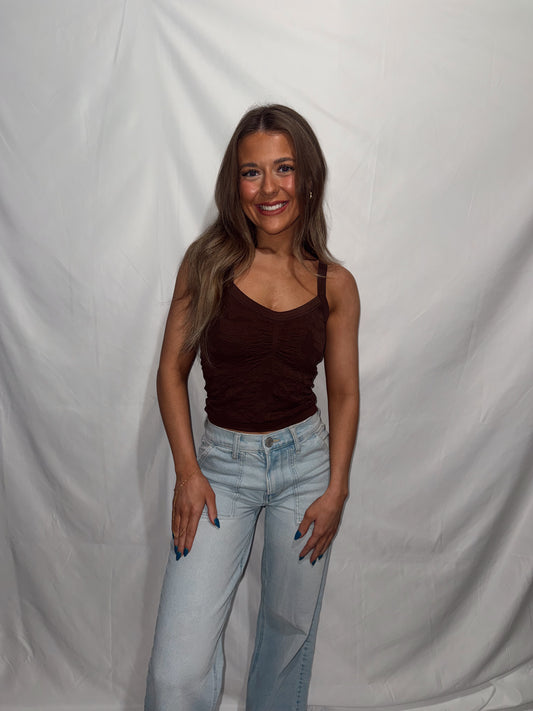 Lace Seamless V-Neck Top - Brown