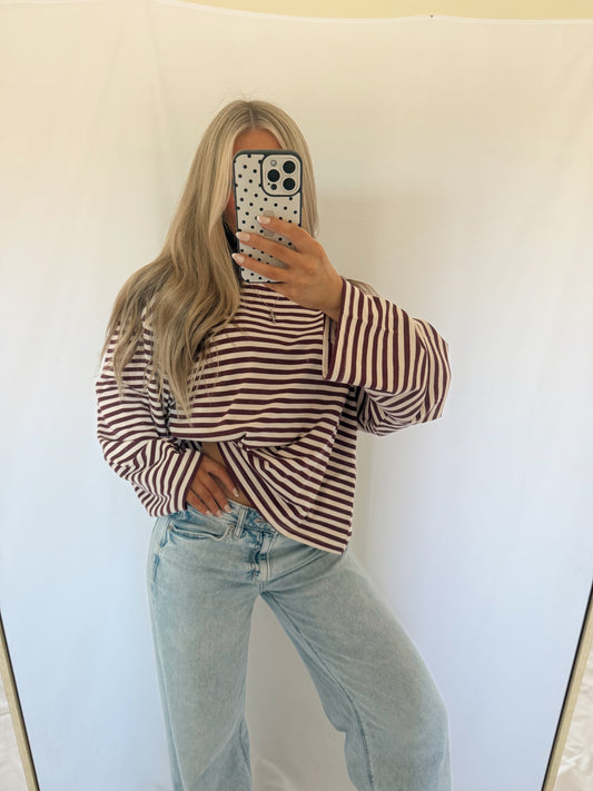 Camille Oversized Striped Top - Burgundy