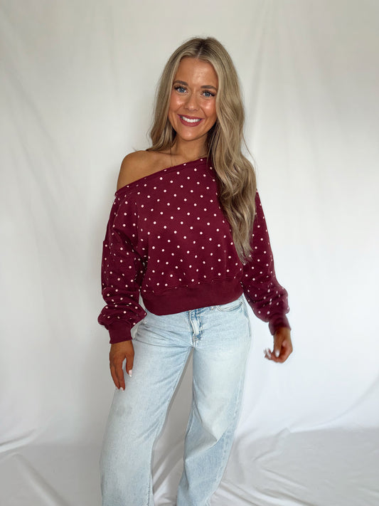 Elsie Polka Dot Off Shoulder Sweatshirt - Burgundy