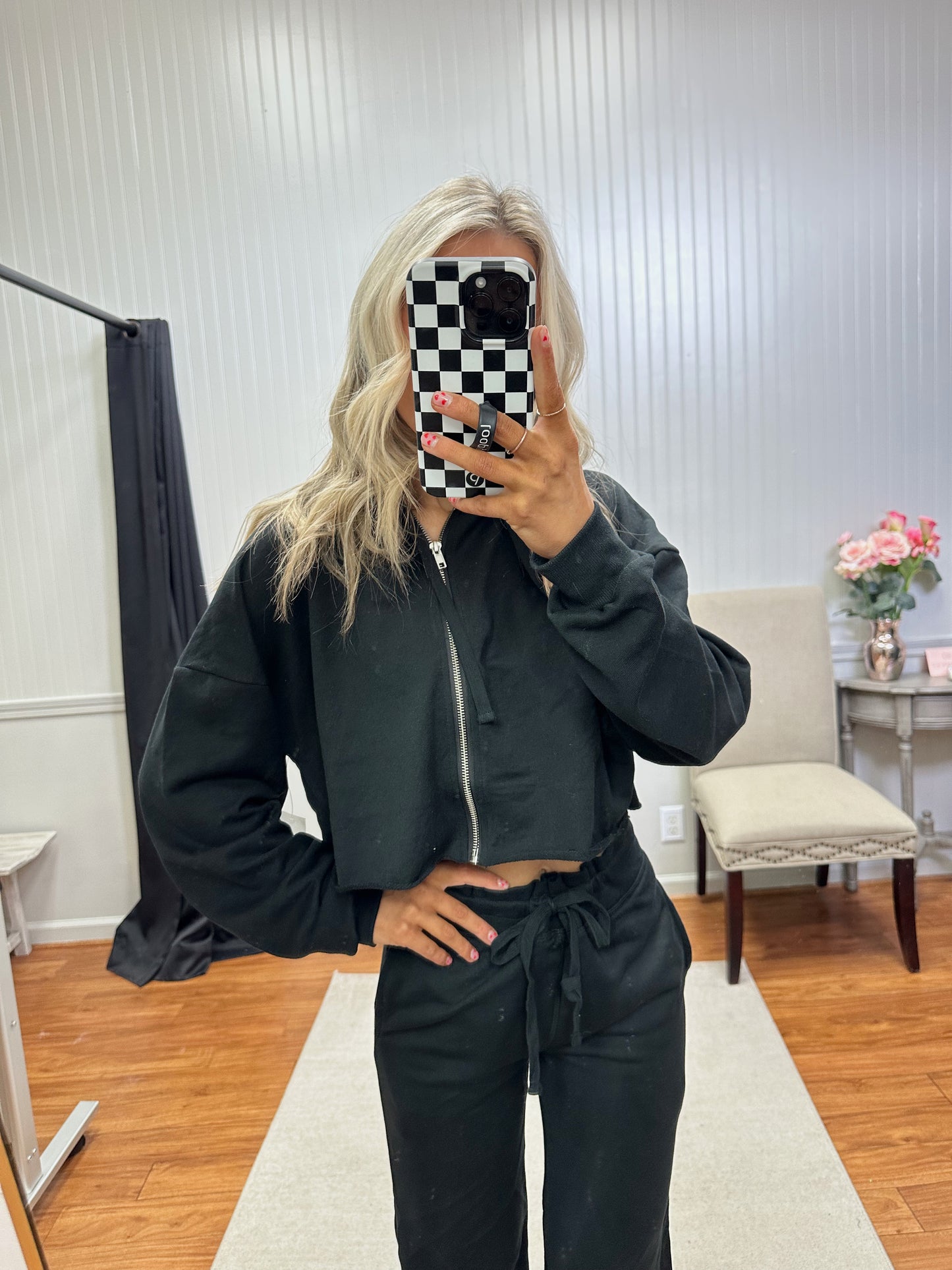 Lounge Around Cropped Zip Up - Black