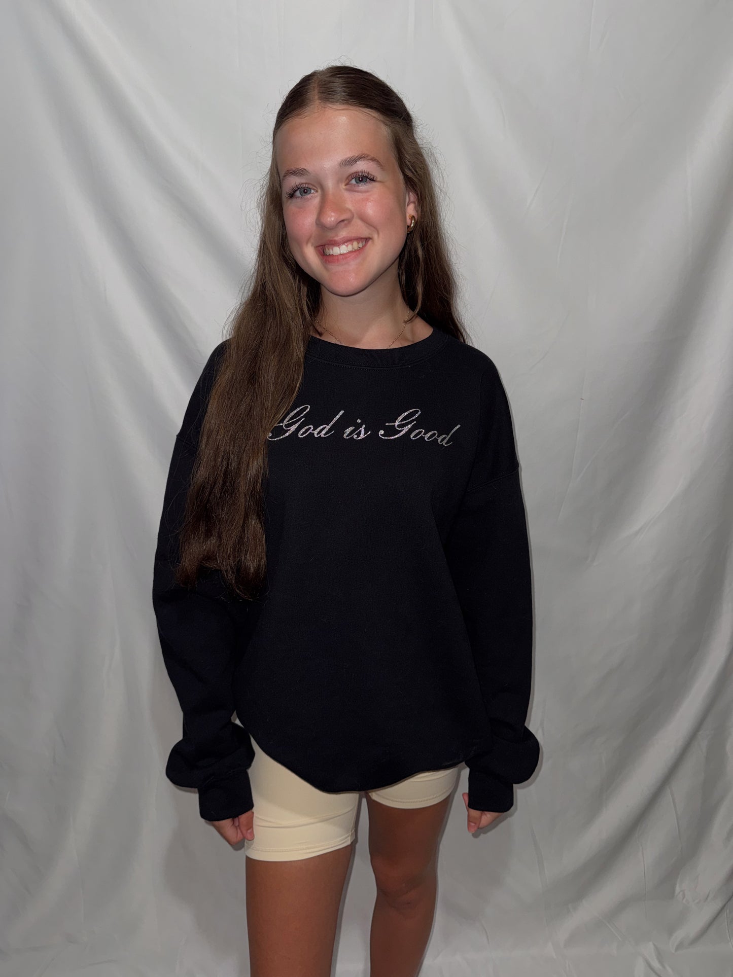 God Is Good All The Time Glitter Crewneck (Front + Back)