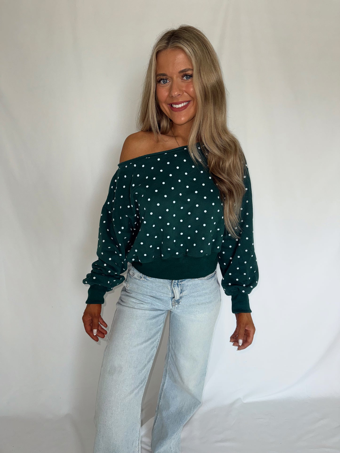 Elsie Polka Dot Off Shoulder Sweatshirt - Hunter Green