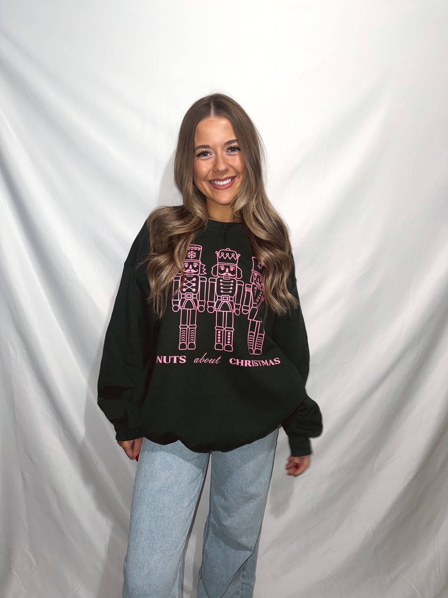 NUTS ABOUT CHRISTMAS NUTCRACKER CREWNECK - FOREST GREEN