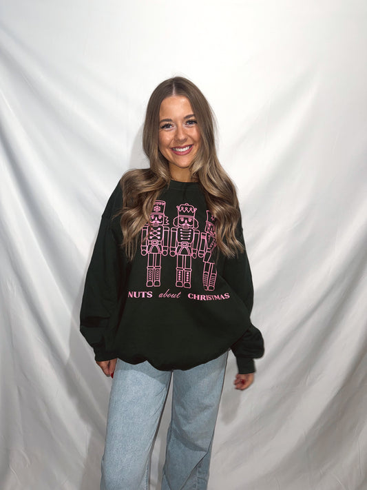 NUTS ABOUT CHRISTMAS NUTCRACKER CREWNECK - FOREST GREEN