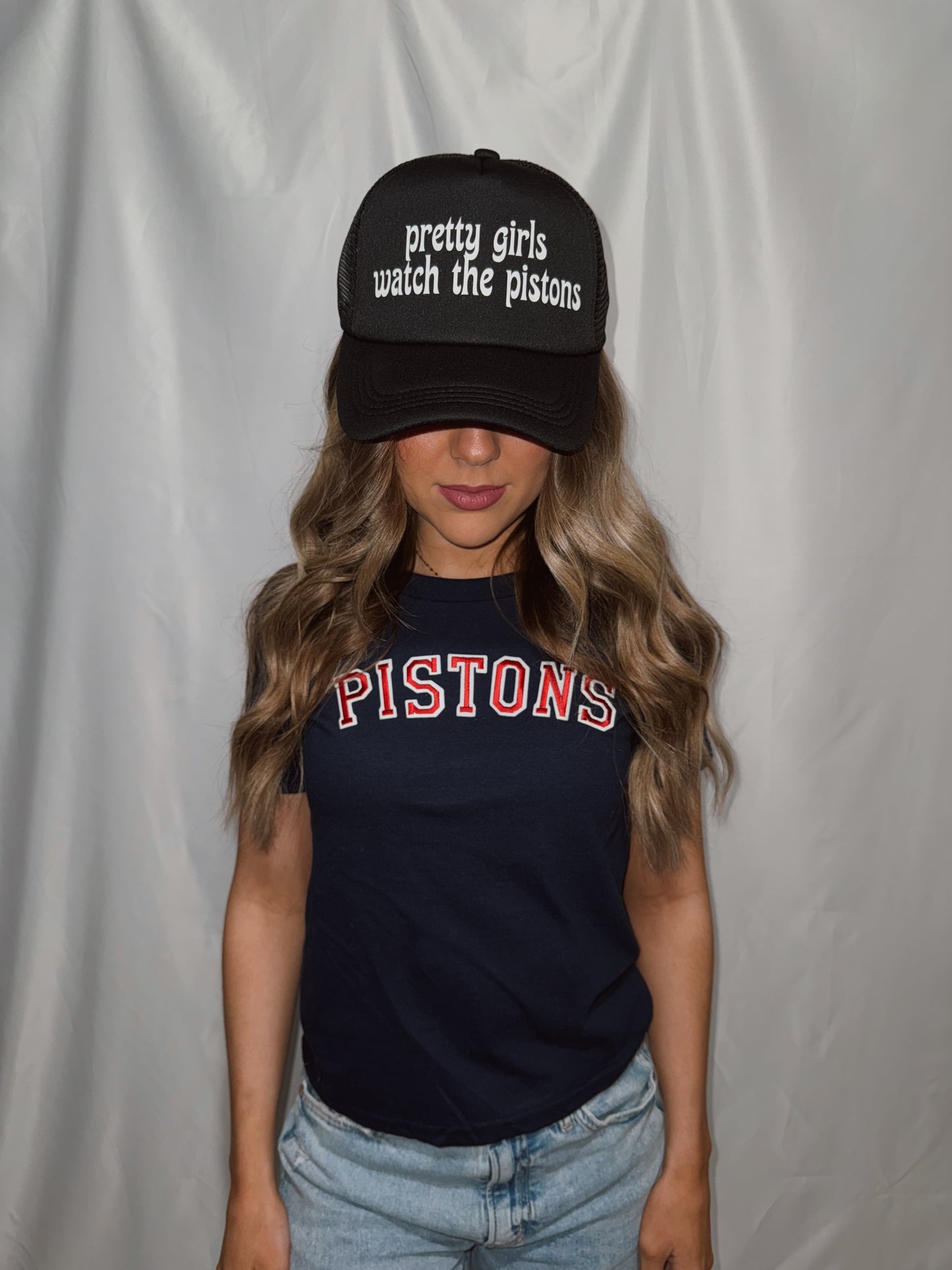 PRETTY GIRLS WATCH THE PISTONS TRUCKER HAT