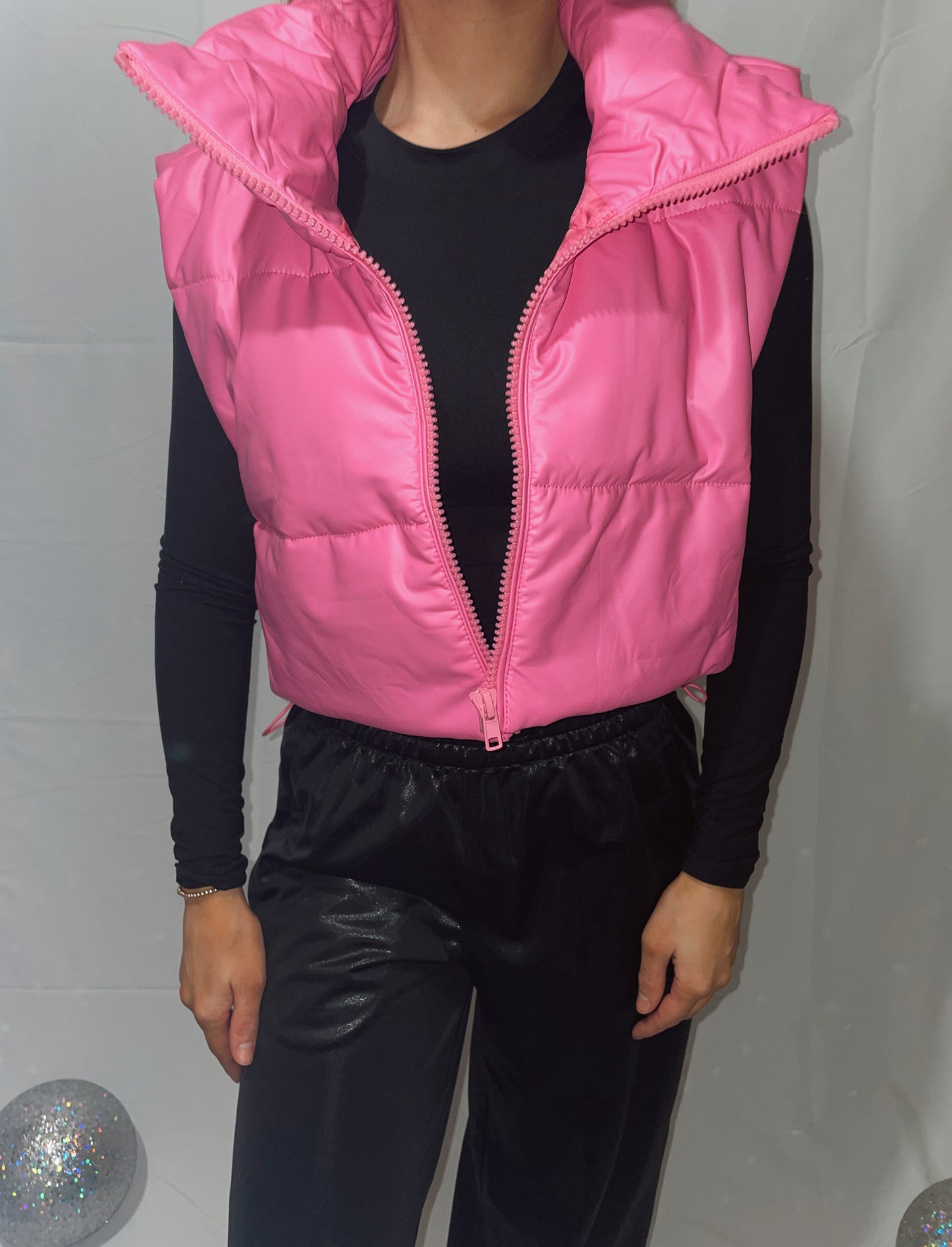 Gossip Girl Cropped Leather Puffer Vest - Fuschia