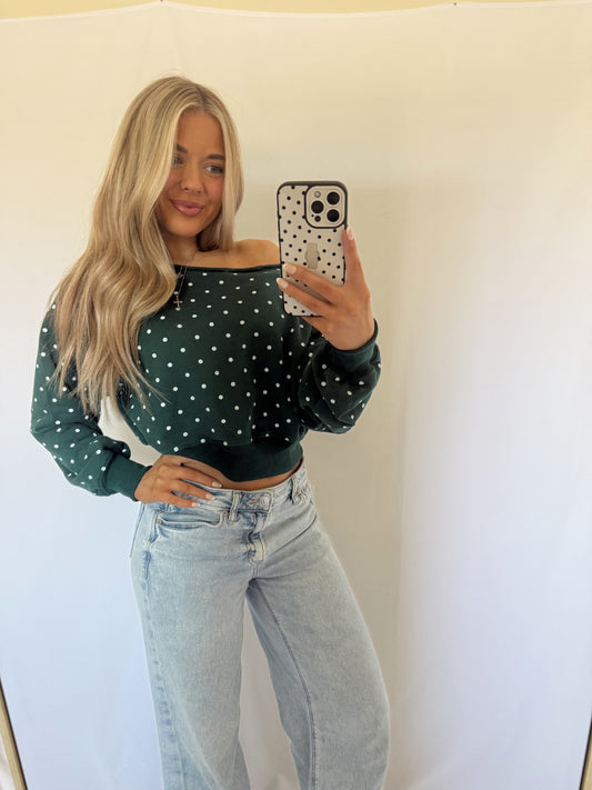 Elsie Polka Dot Off Shoulder Sweatshirt - Hunter Green