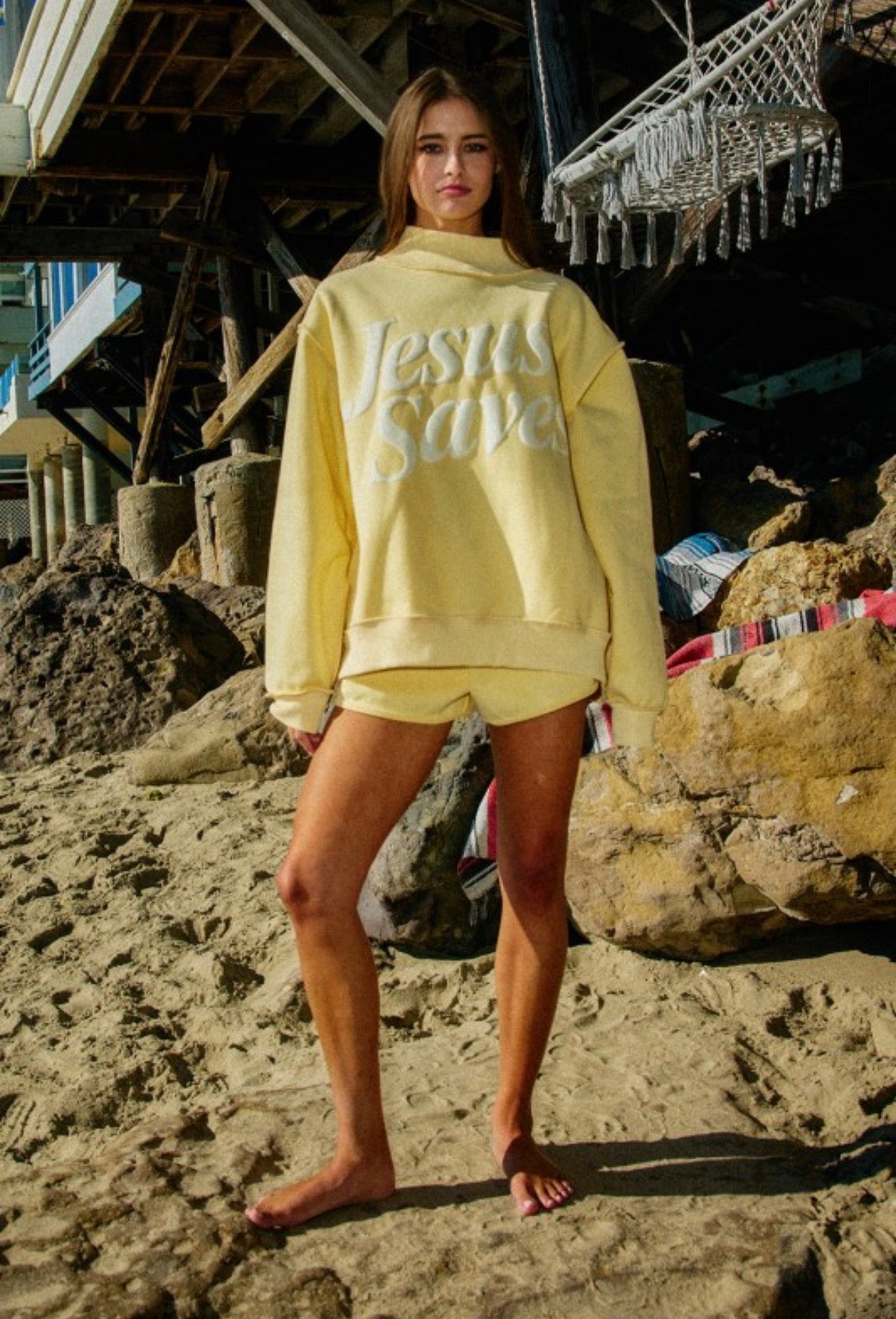 JESUS SAVES MOCK NECK SWEATSHIRT - YELLOW