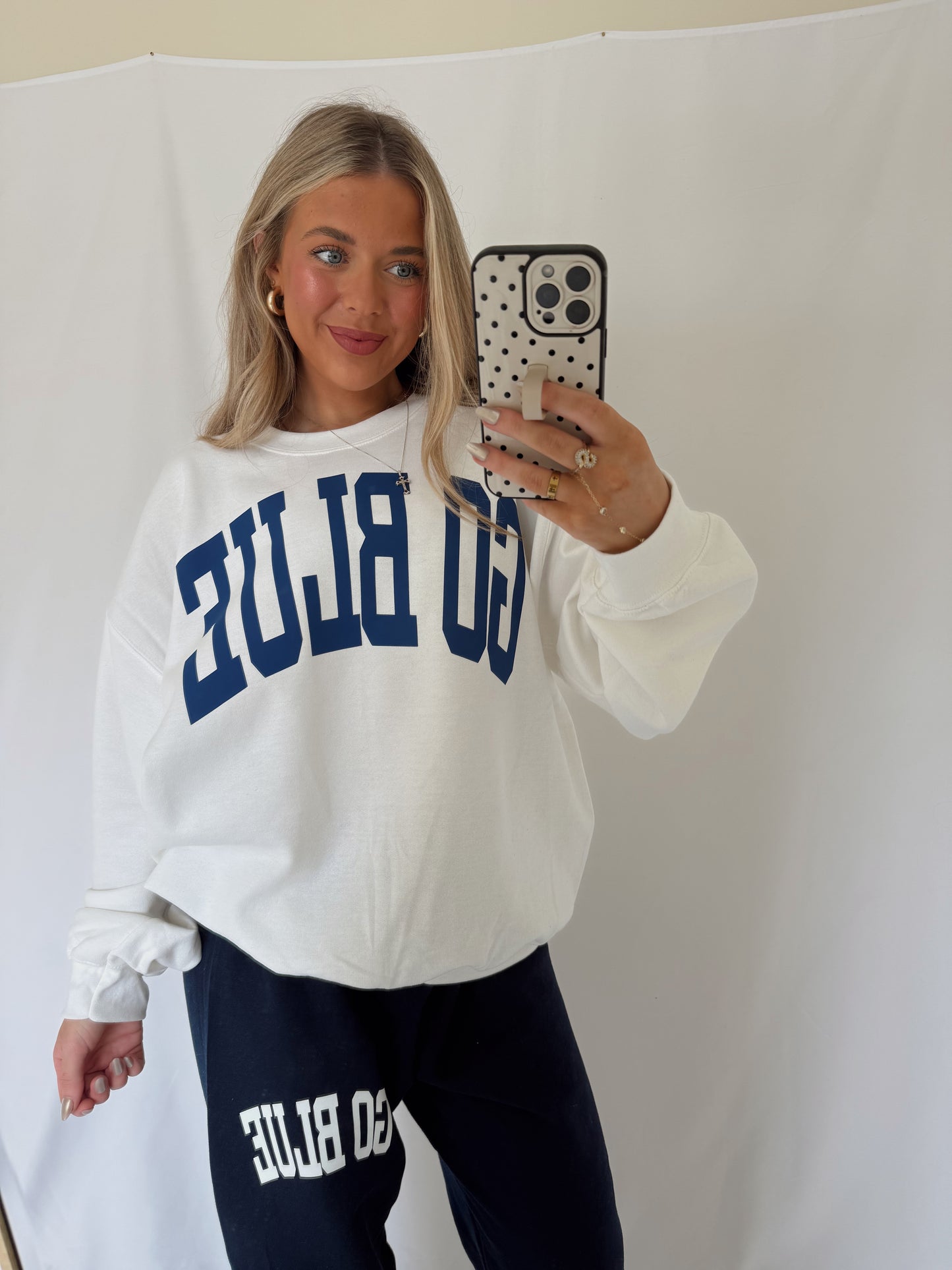 GO BLUE Arched Crewneck - White/Navy