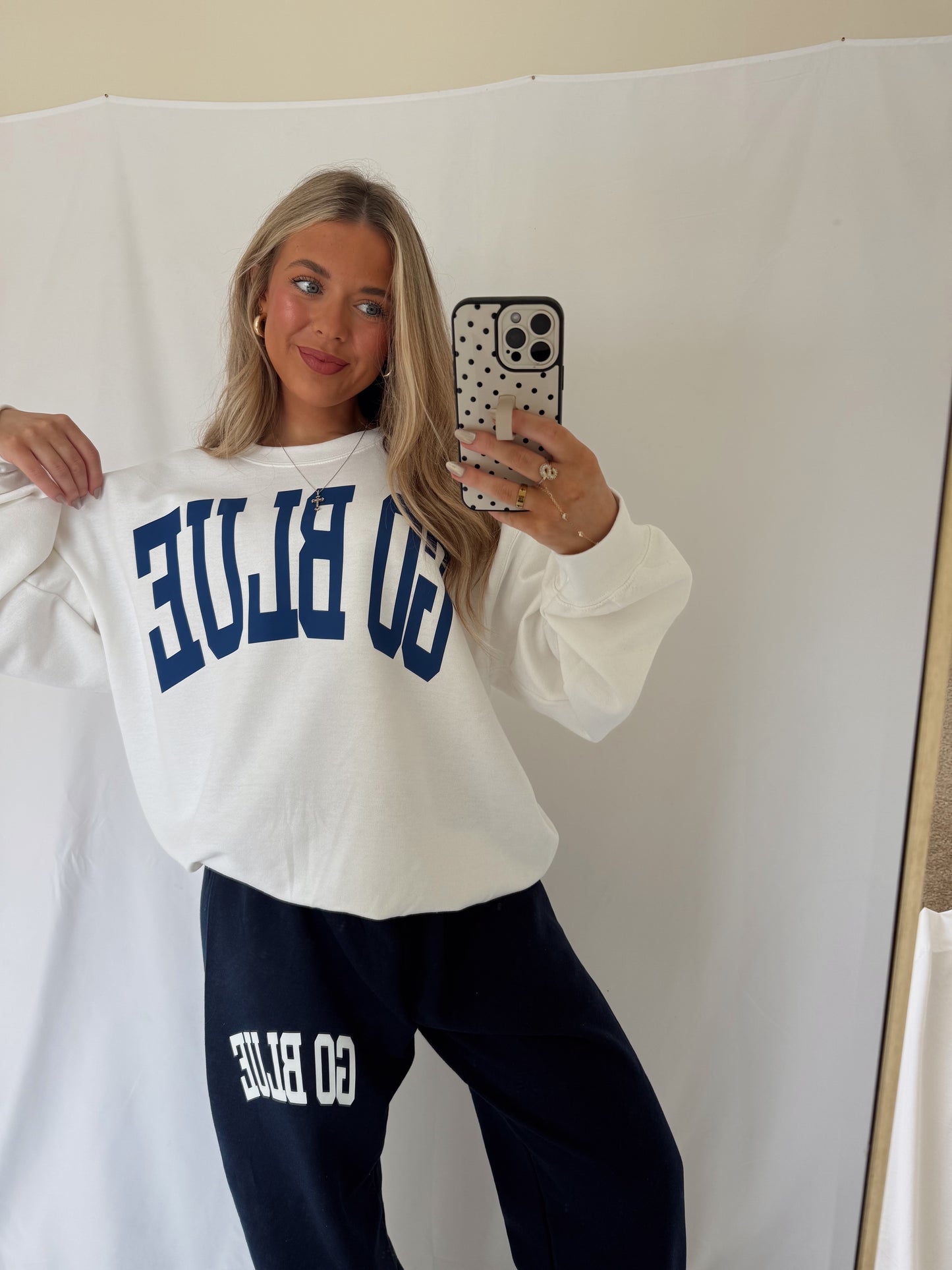 GO BLUE Arched Crewneck - White/Navy