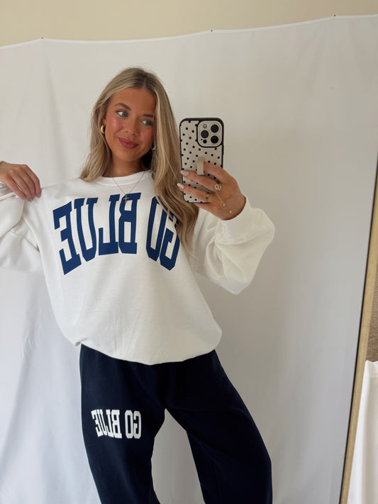 GO BLUE Arched Crewneck - White/Navy