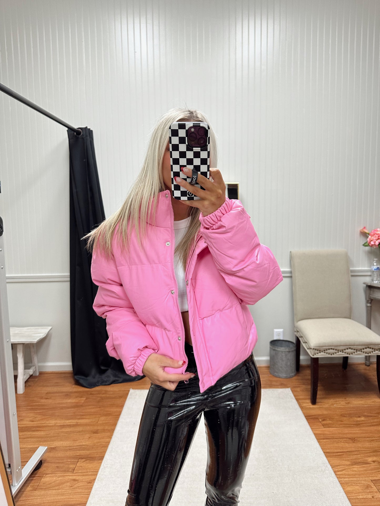 Faux Leather Puffer Coat - Barbie Pink