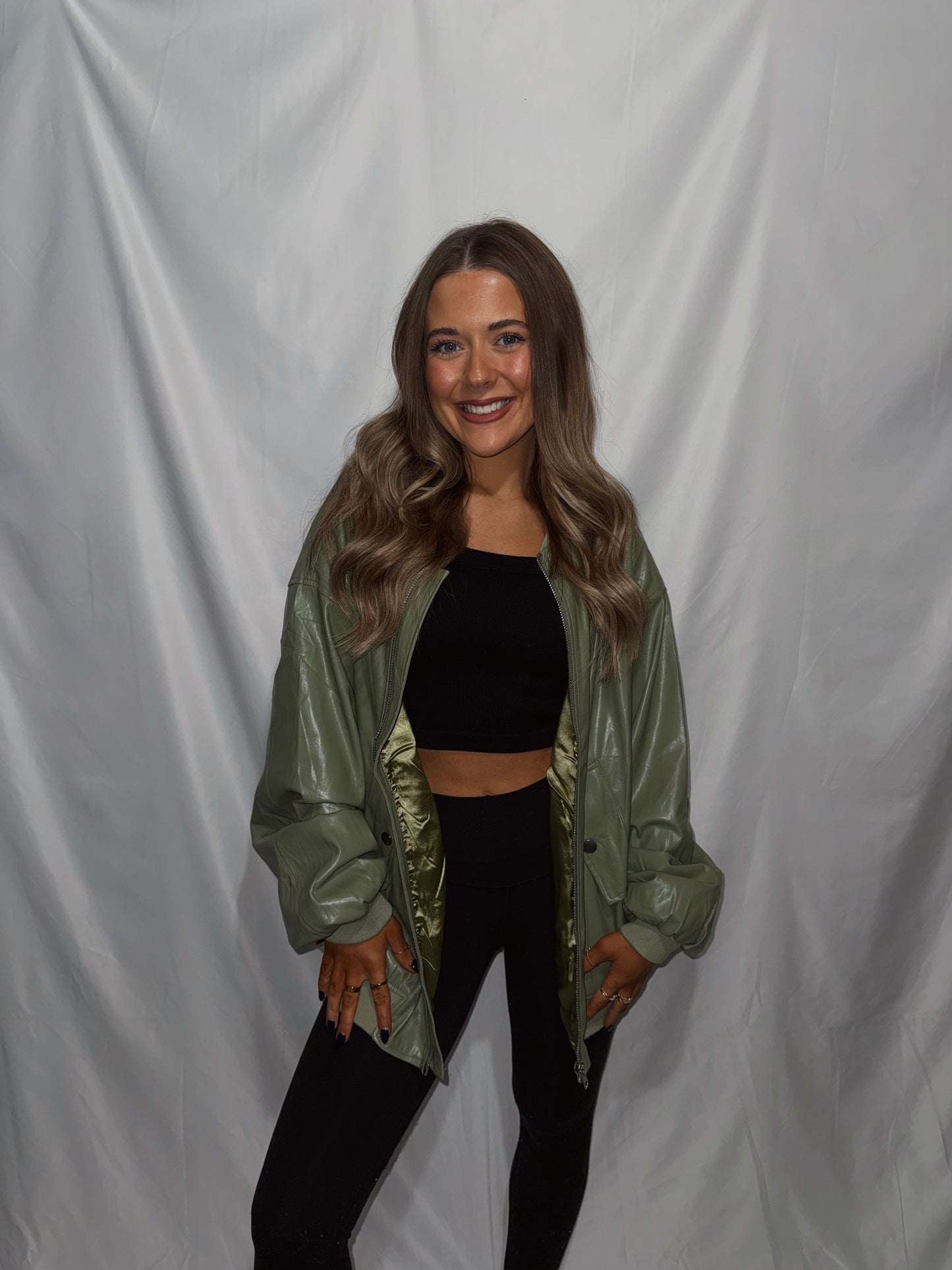 Kendall Faux Leather Bomber Jacket - Sage