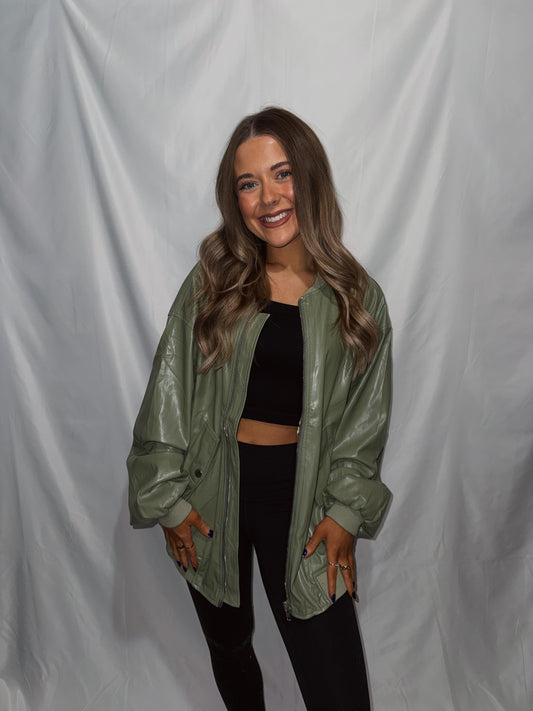 Kendall Faux Leather Bomber Jacket - Sage