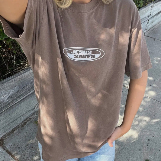 JESUS SAVES RETRO TEE - ESPRESSO (PREORDER ARRIVES BEFORE CHRISTMAS)