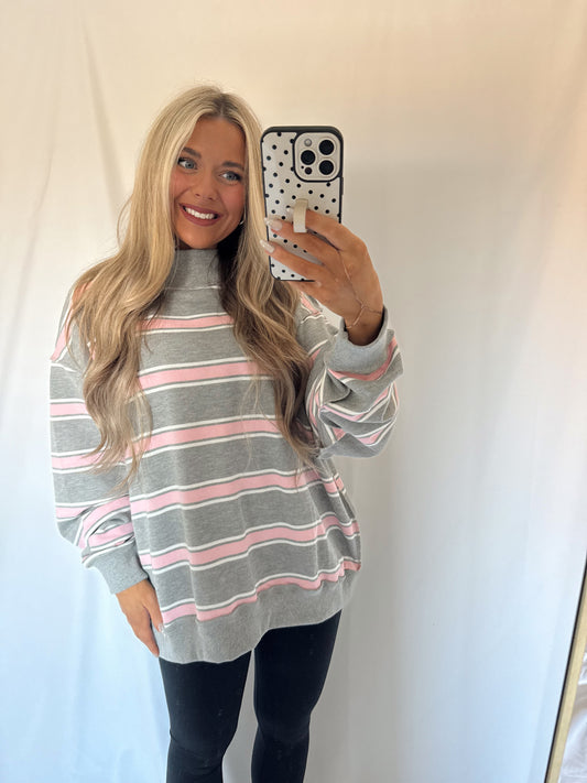 Sunday Stripe Oversized Mockneck - Pink
