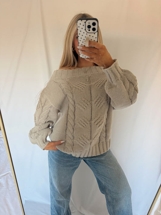 Ella Off Shoulder Oversized Sweater - Taupe