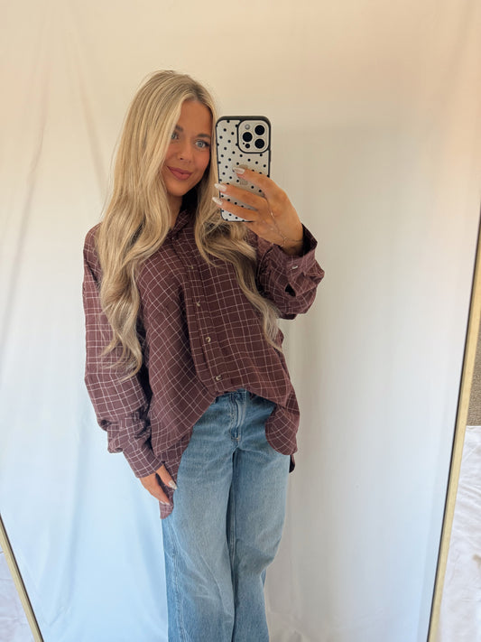 Oversized Plaid Shirt - Wine